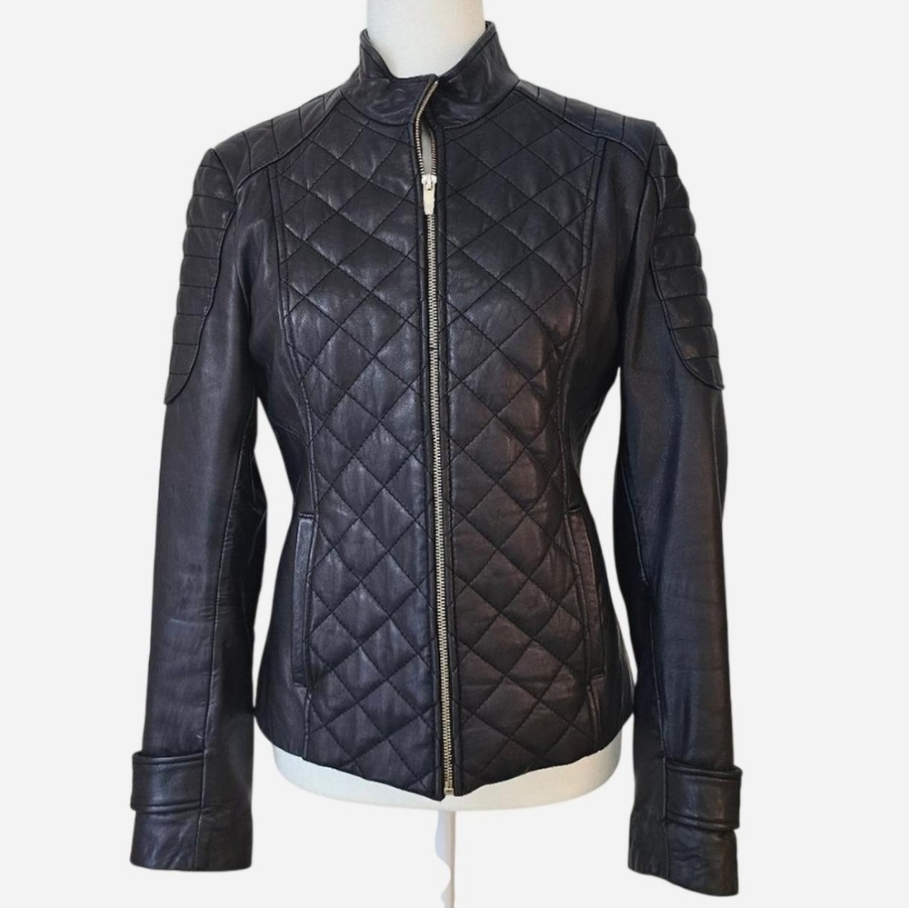 VIA SPIGA Women's Black Quilted 100% Lamb Leather‎ Jacket. Sz S